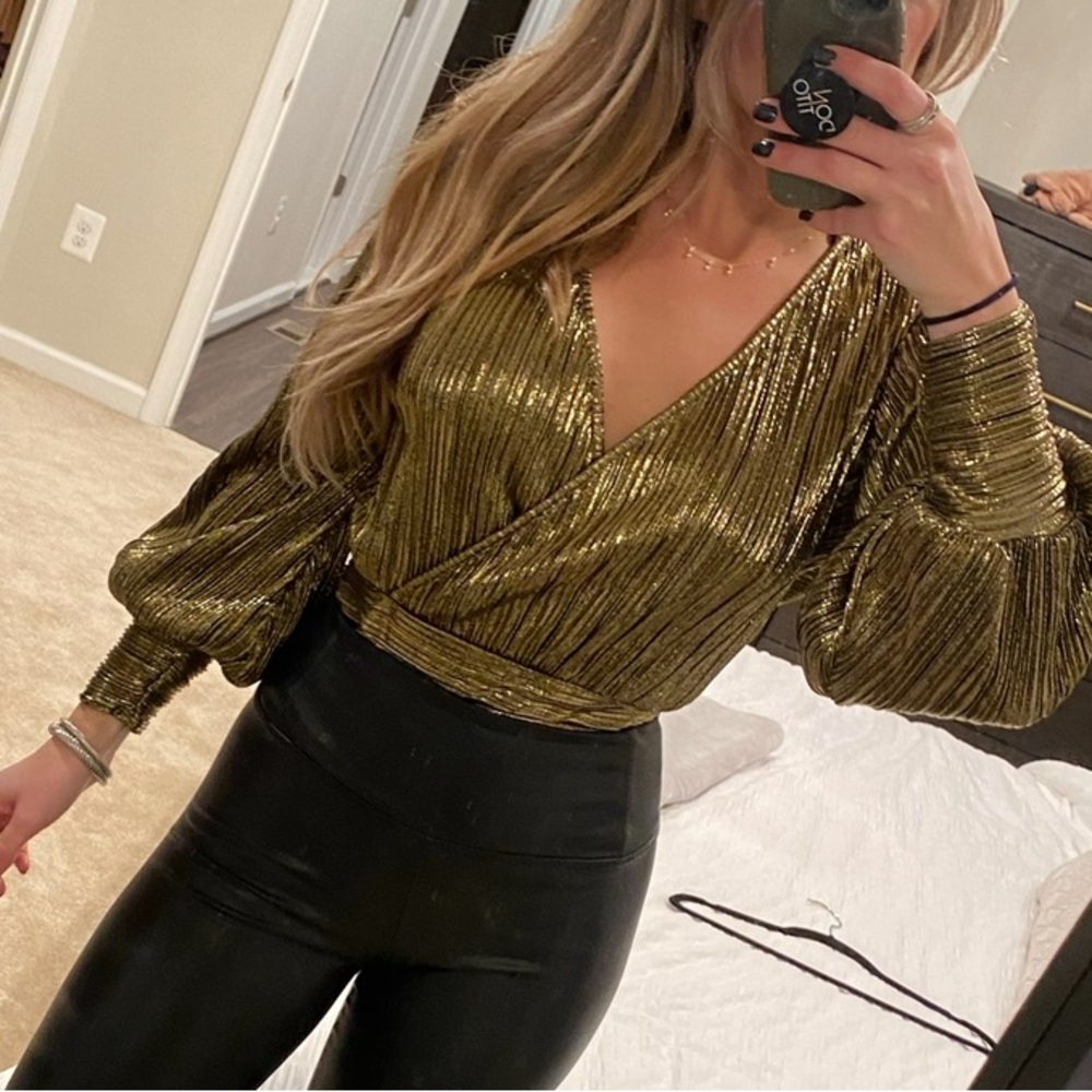 Bardot Metallic Gold Surplice Long Sleeve Blouse